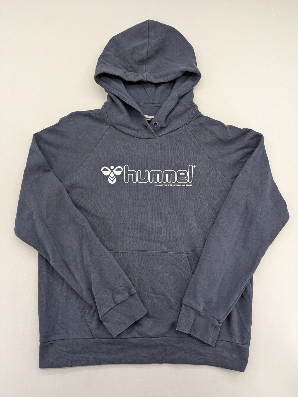 Hummel grey turtle neck jumper featuring large logo, kangaroo pocket, cotton blend material.