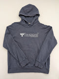 Hummel grey turtle neck jumper featuring large logo, kangaroo pocket, cotton blend material.