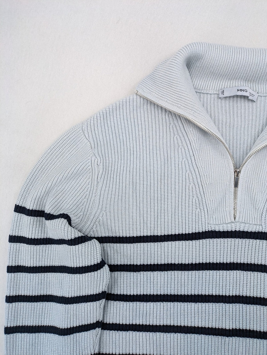 MNG blue striped turtle neck jumper with quarter zip and ribbed texture.