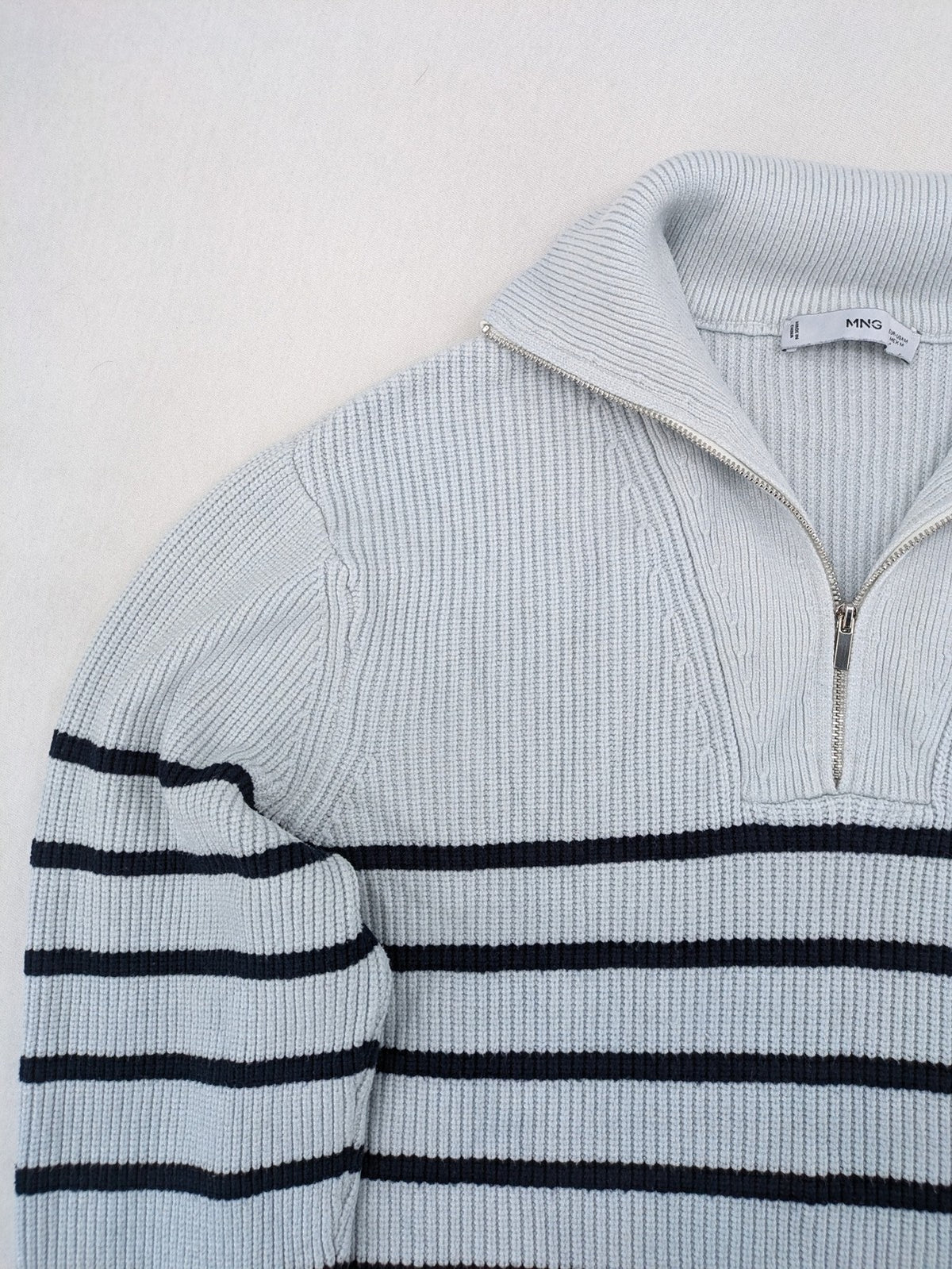 MNG blue striped turtle neck jumper with quarter zip and ribbed texture.