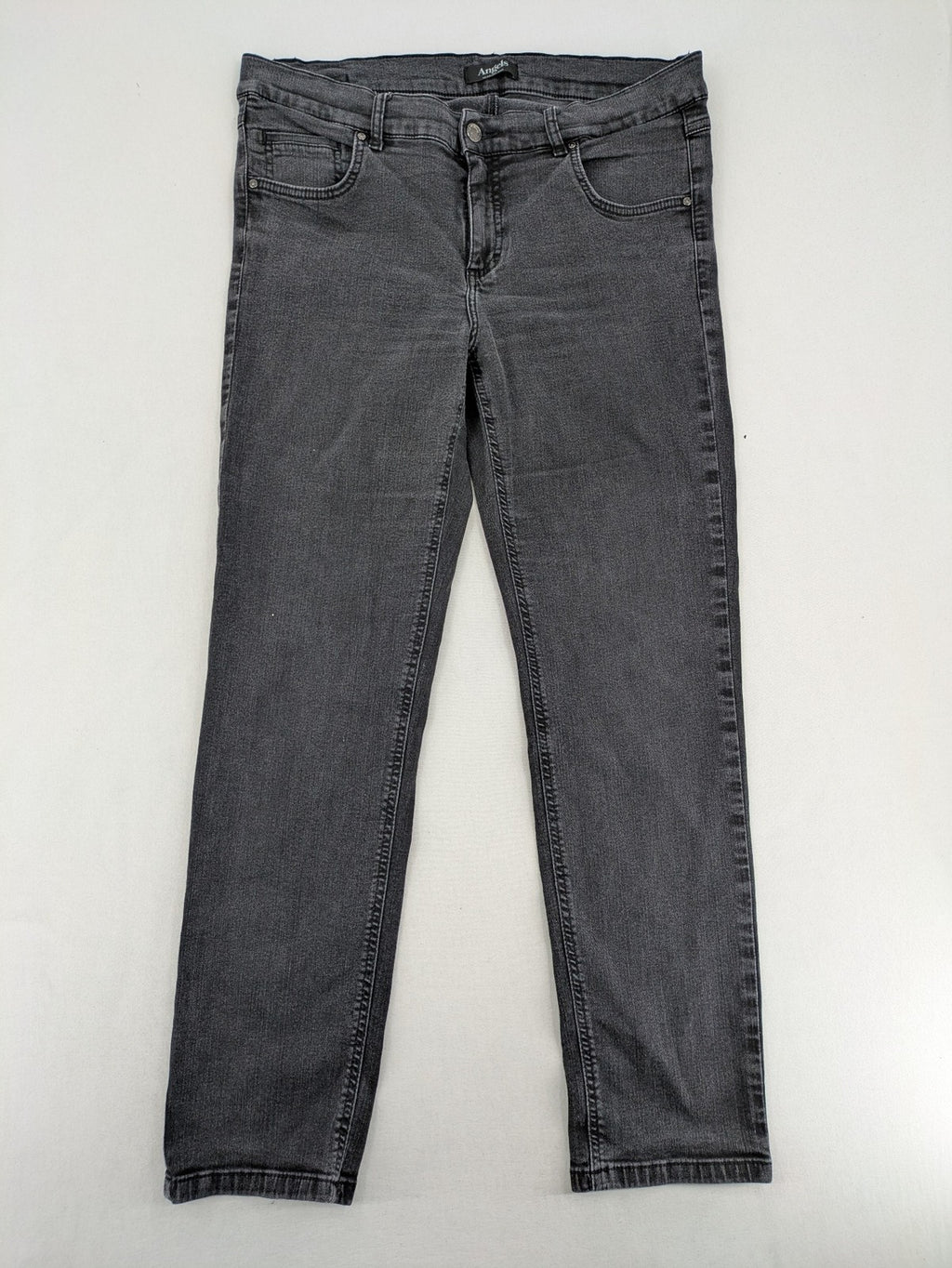 Angels grey straight jeans with 5-pocket design and faded black wash.