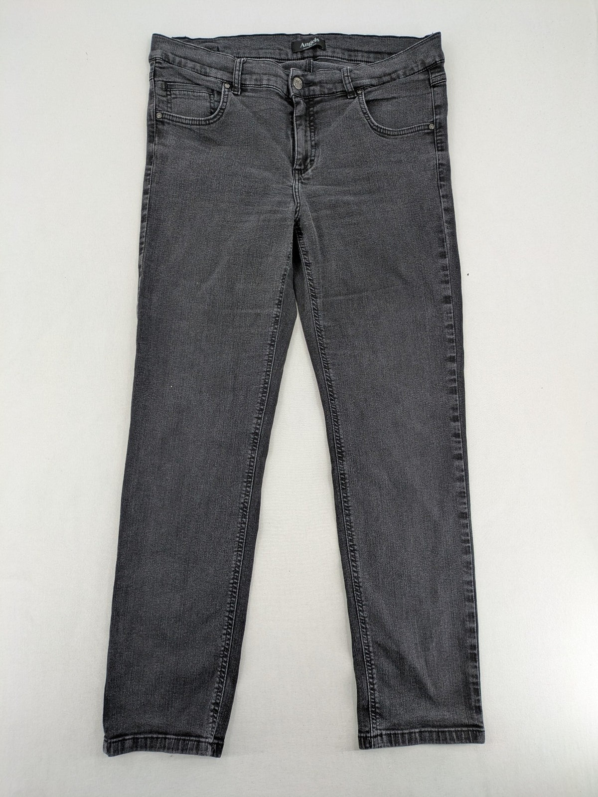 Angels grey straight jeans with 5-pocket design and faded black wash.