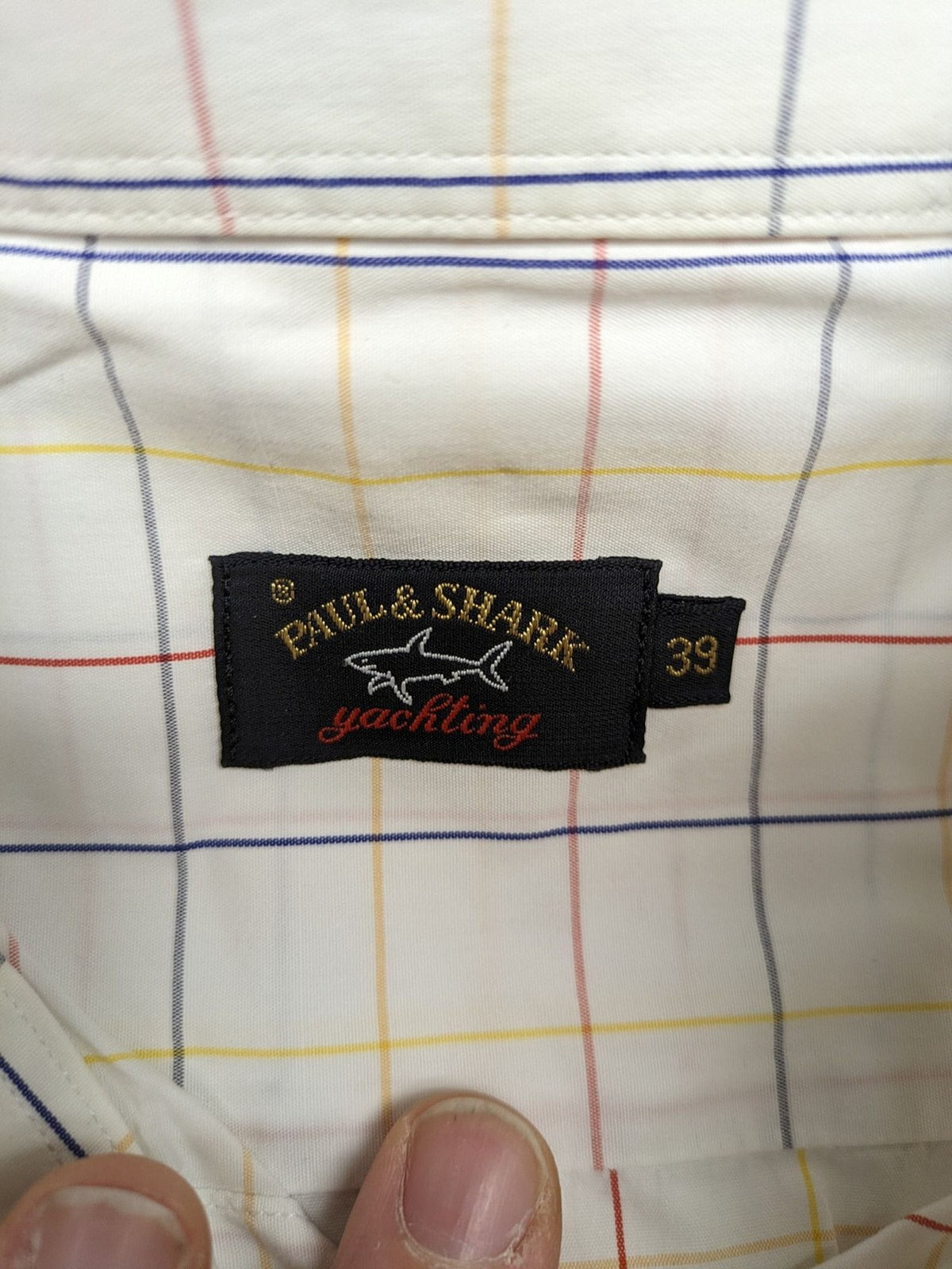 Paul & Shark multi-check long sleeve button-down shirt with embroidered logo on chest.