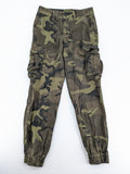 Rainbow camouflage cargo pants in green-brown with jogger silhouette and multiple pockets.