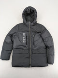 C&A black puffer jacket with NYC83 graphic, hood, and multiple pockets.
