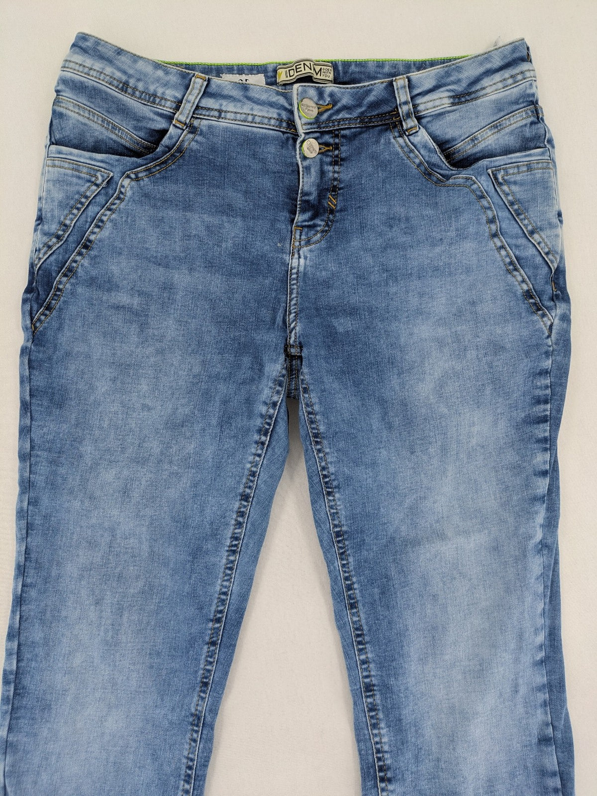 Street One blue straight jeans with green patterned cuffs and button fly detail.