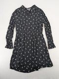 H&M grey and white dress with leaf print, V-neck, long sleeves, elastic cuffs.