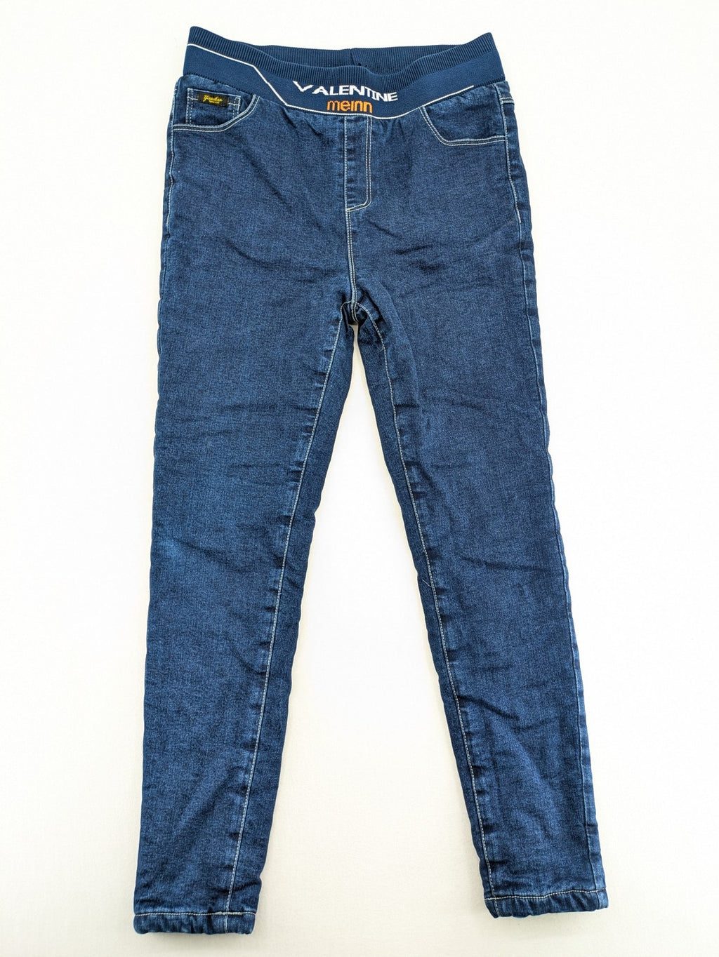 Valentine Meinn blue straight jeans with elastic waistband and soft lining, classic denim look.
