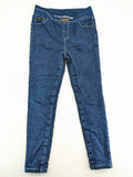 Valentine Meinn blue straight jeans with elastic waistband and soft lining, classic denim look.