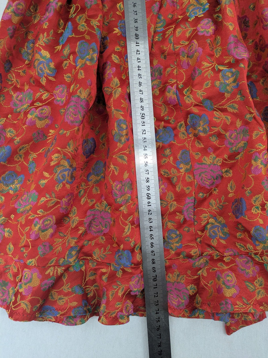 Jacquard multi A-line dress red floral jacquard pattern with matching waist tie.