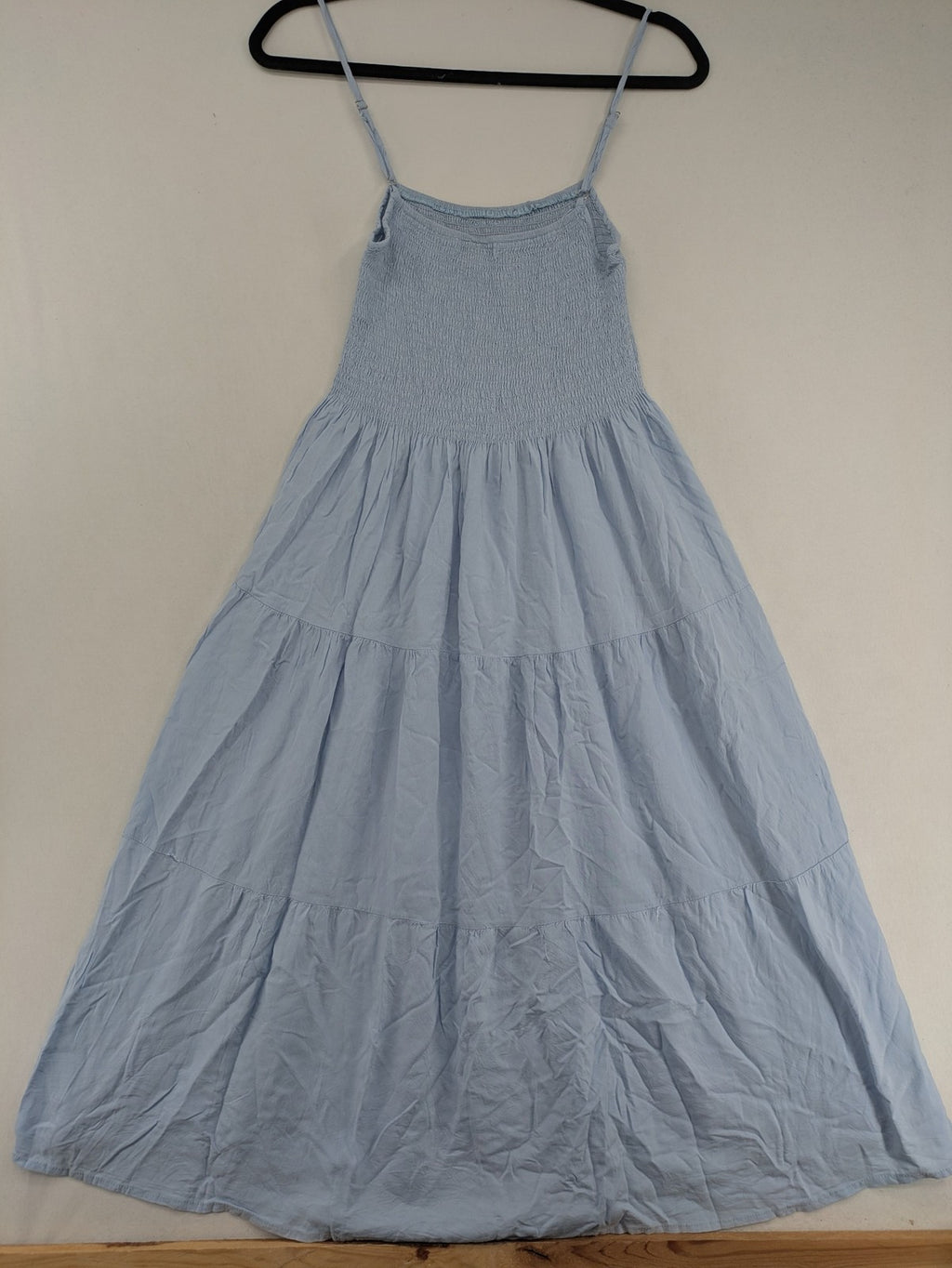 Ebelove blue summer dress with smocked bodice and adjustable spaghetti straps.