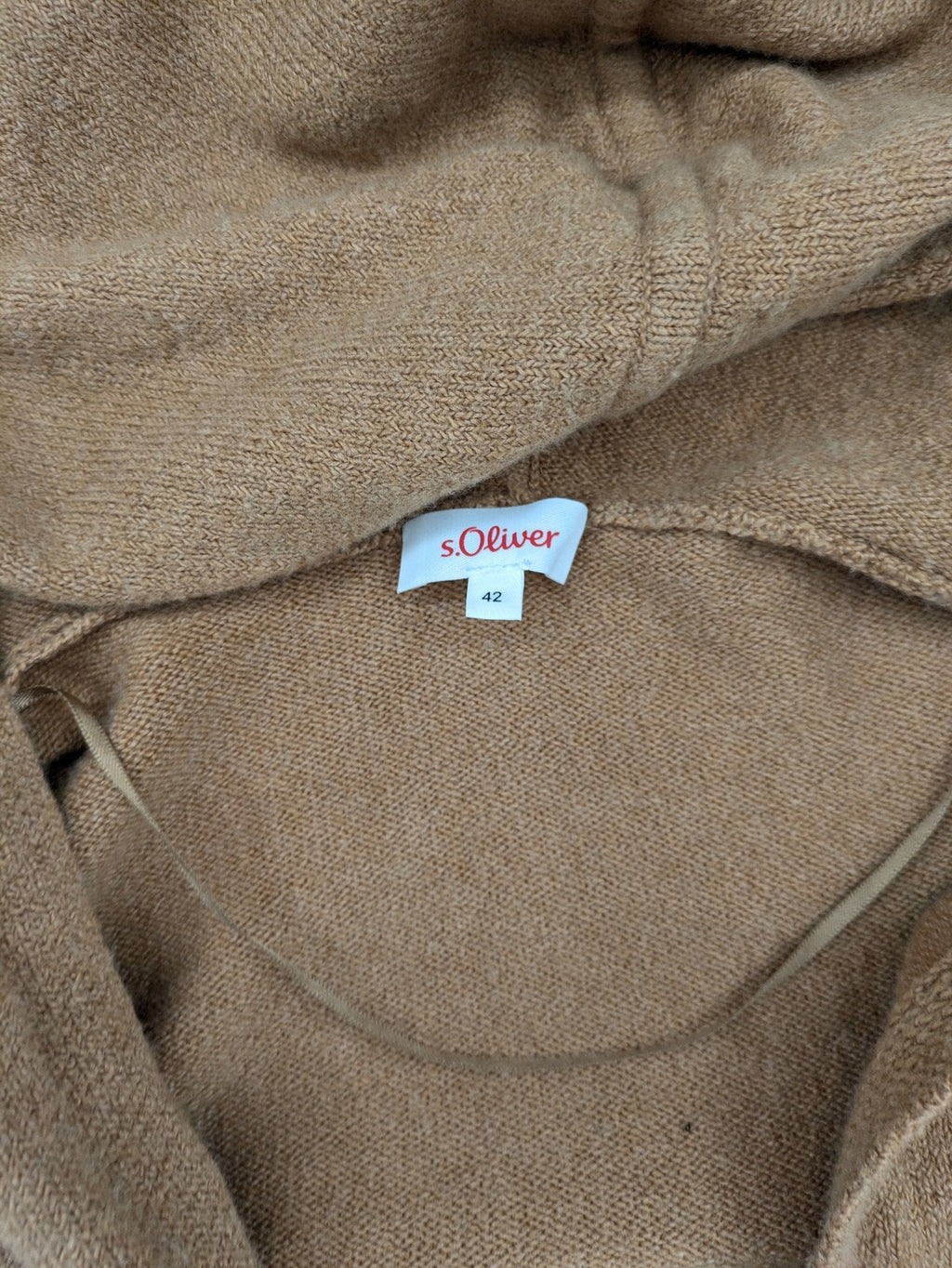 s.Oliver brown turtle neck jumper with hood, open front design, soft knit material.
