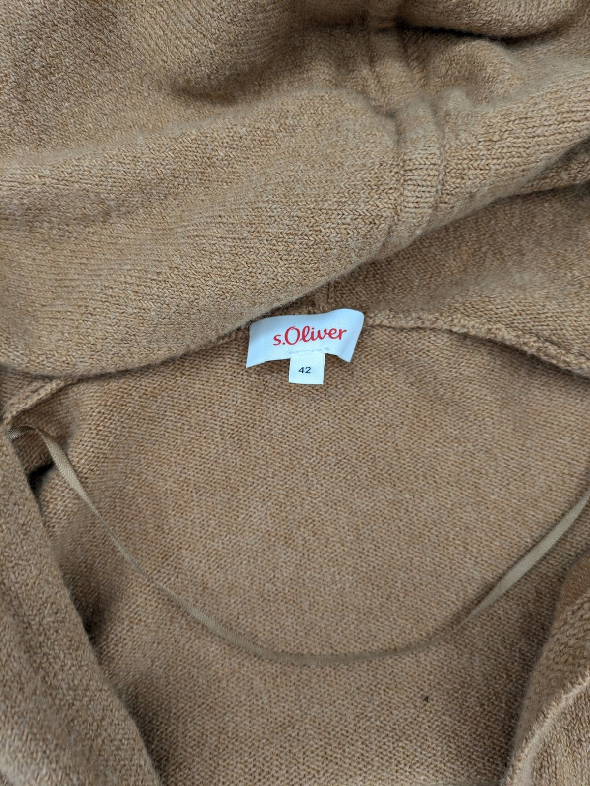s.Oliver brown turtle neck jumper with hood, open front design, soft knit material.