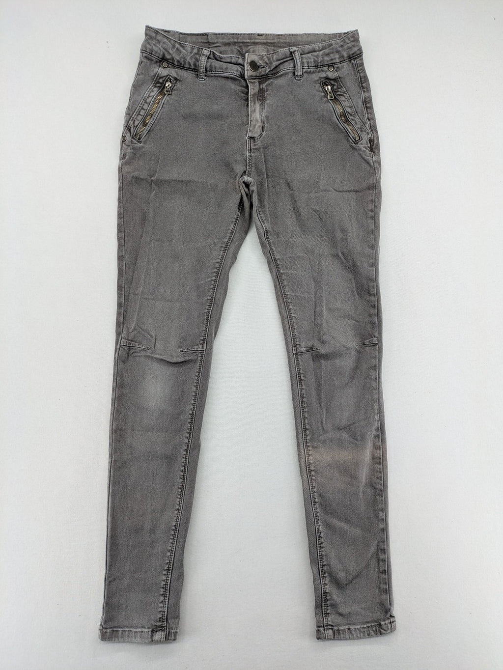Made in Italy grey biker jeans with zip pockets and structured knee detailing.