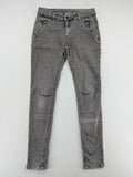Made in Italy grey biker jeans with zip pockets and structured knee detailing.