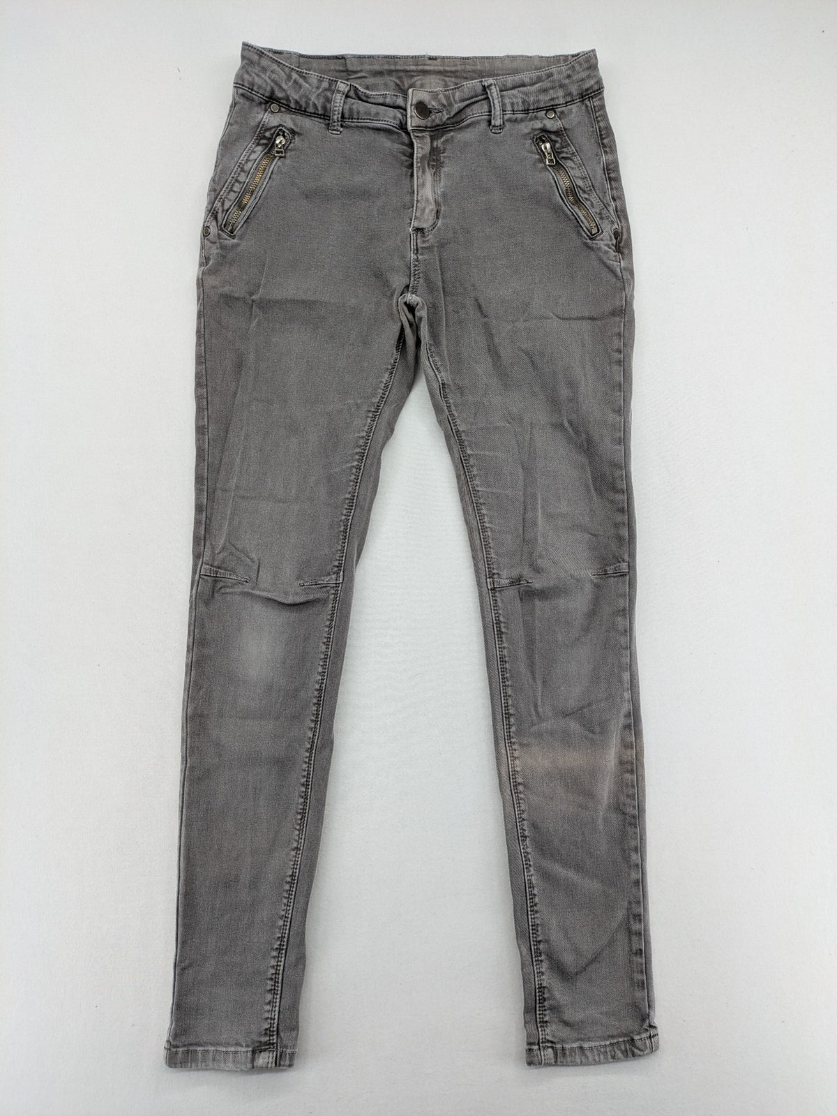 Made in Italy grey biker jeans with zip pockets and structured knee detailing.
