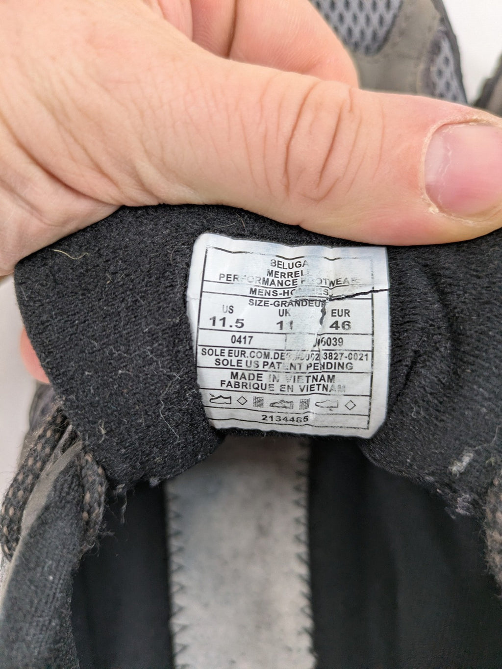 Merrell grey hiking shoes with Gore-Tex membrane and Vibram sole for traction.