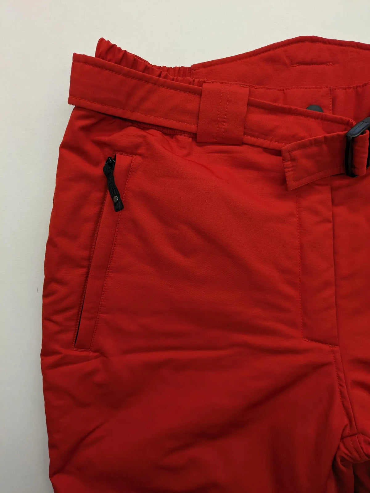 Rodeo red ski pants padded design adjustable belt multiple zip pockets