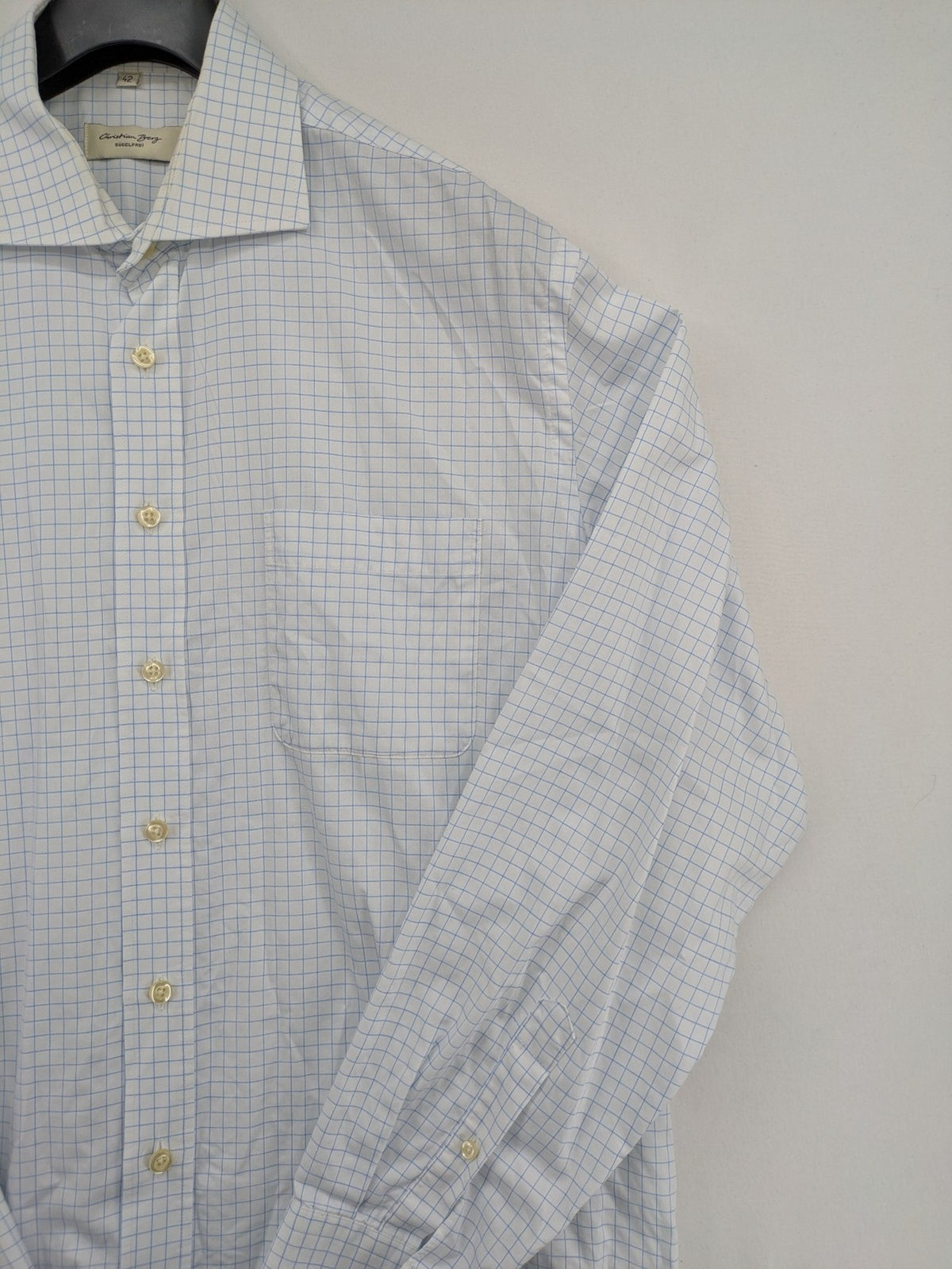 Christian Berg long sleeve shirt pink checkered pattern, non-iron fabric, Kent collar.