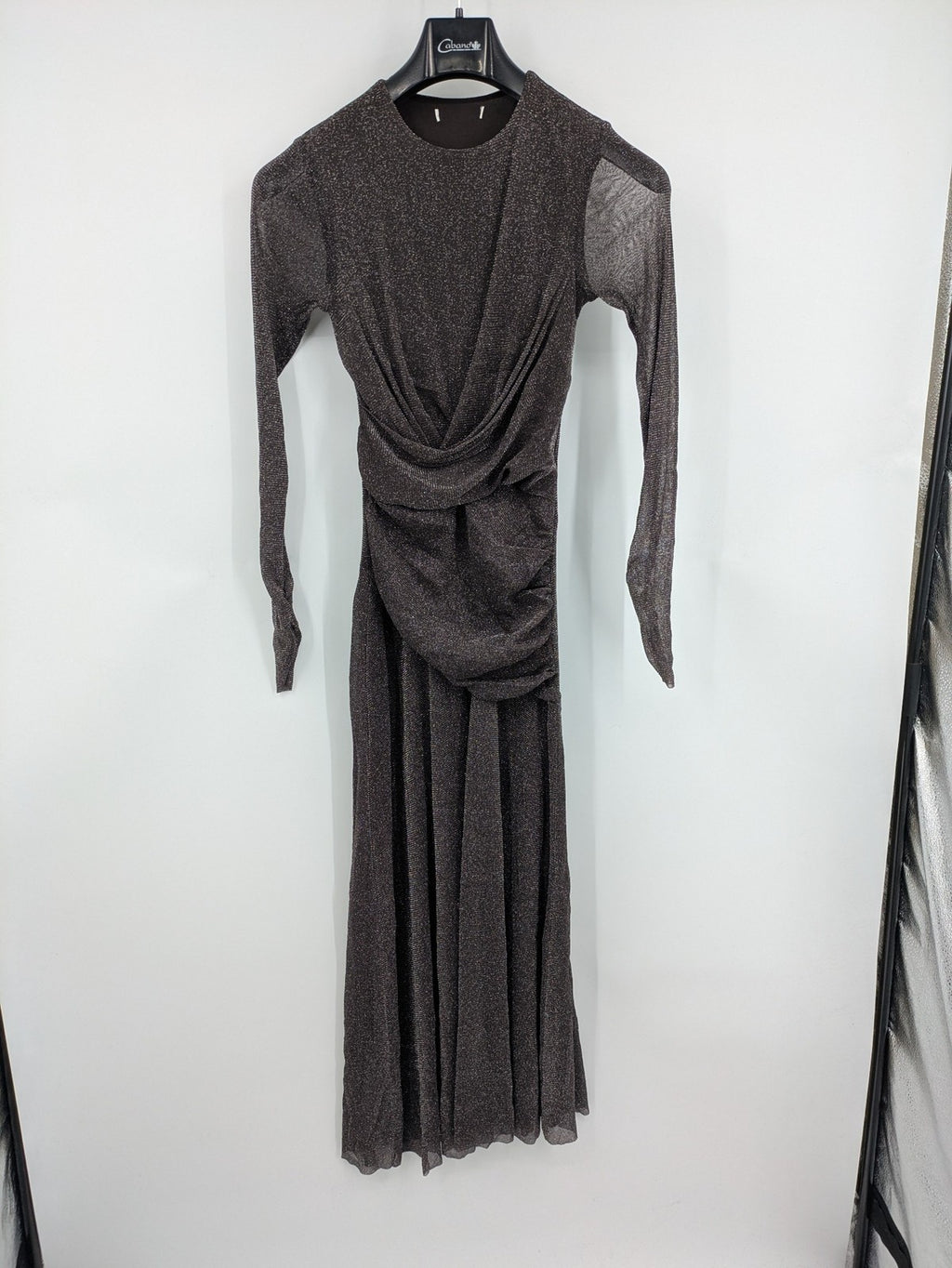 Abendkleid grey A-line dress metallic shimmer draped waist long sheer sleeves