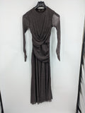 Abendkleid grey A-line dress metallic shimmer draped waist long sheer sleeves