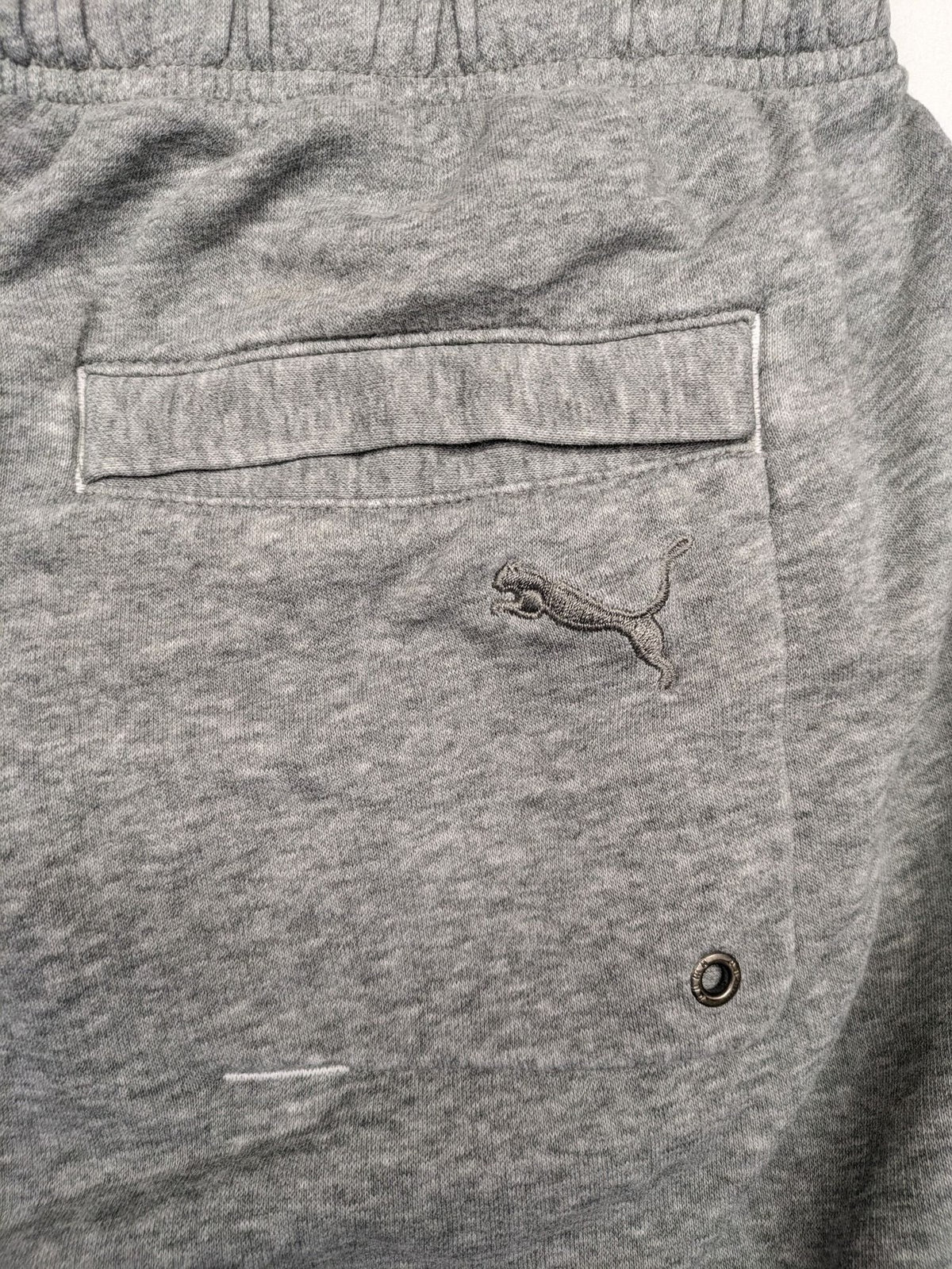 Puma grey sweat shorts with embroidered logo, made from cotton-polyester blend.