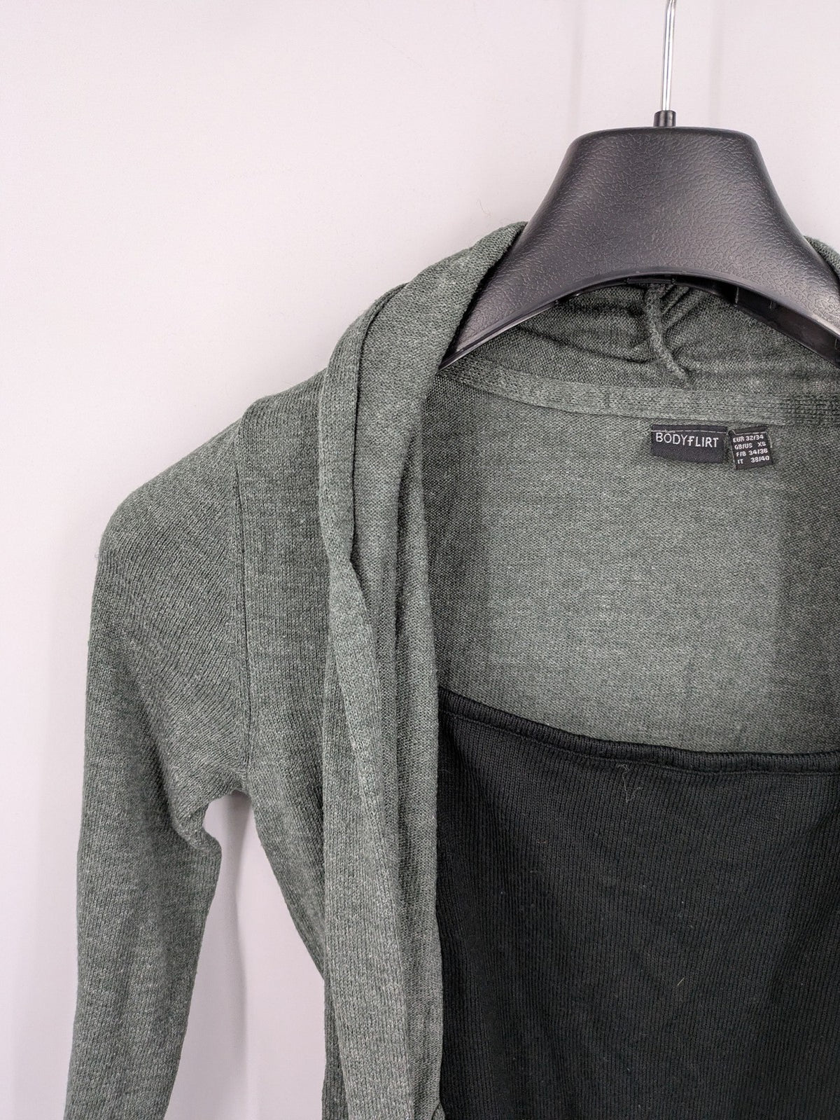 Bodyflirt grey cardigan with black top, open front, soft knit, waterfall collar.