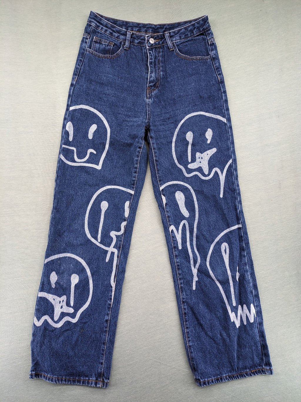 SHEIN blue wide-leg jeans high waist with white smiley face graphics and classic 5-pocket design.