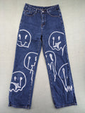 SHEIN blue wide-leg jeans high waist with white smiley face graphics and classic 5-pocket design.