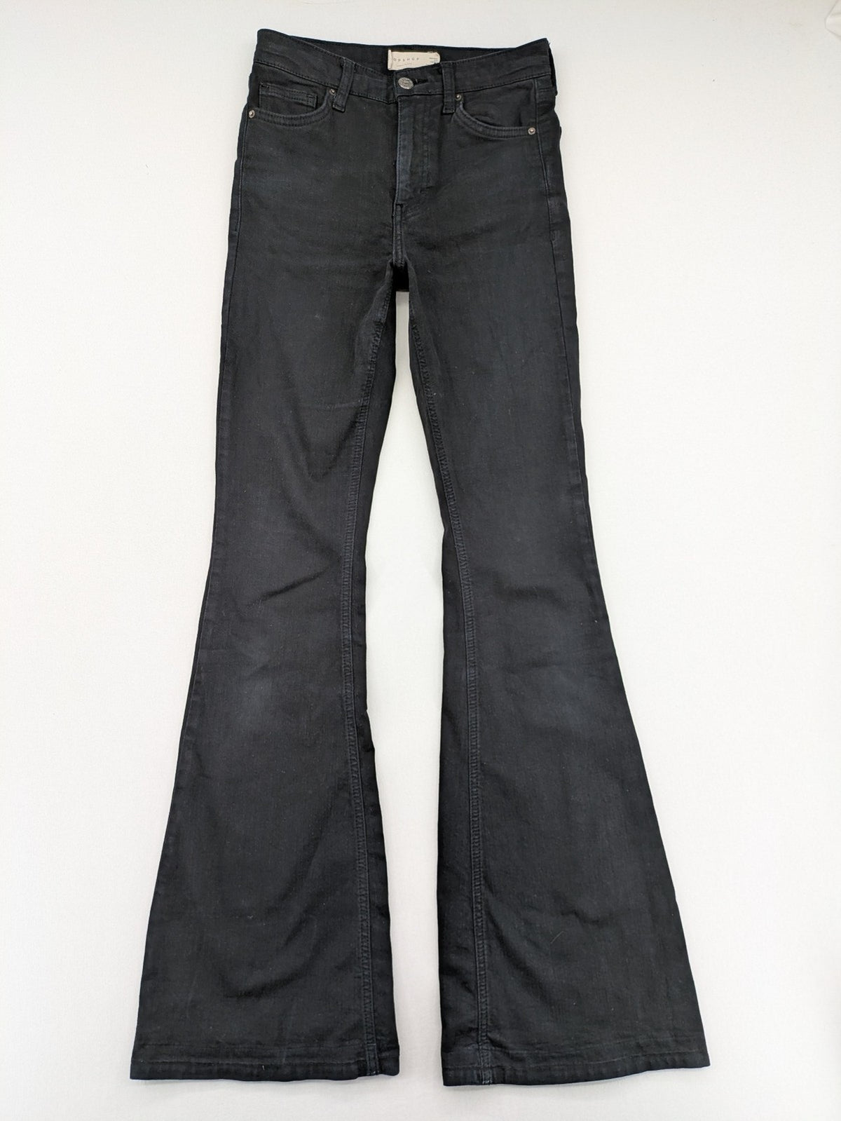 Topshop black Jamie flare jeans high waist stretch denim with classic silhouette.