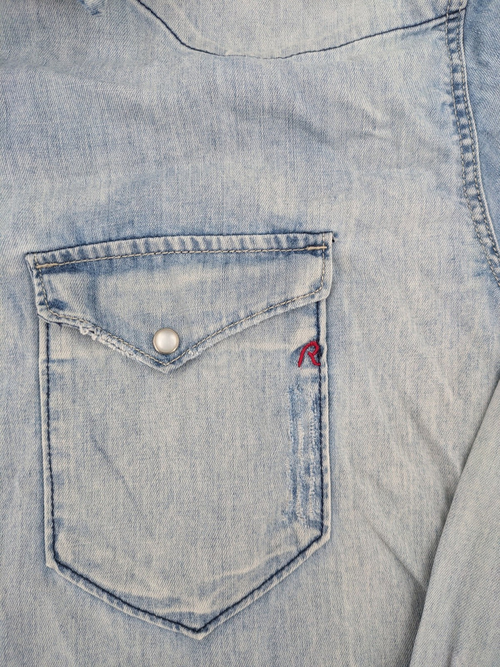 Replay denim western shirt light blue with pearl snap buttons and iconic yoke design.