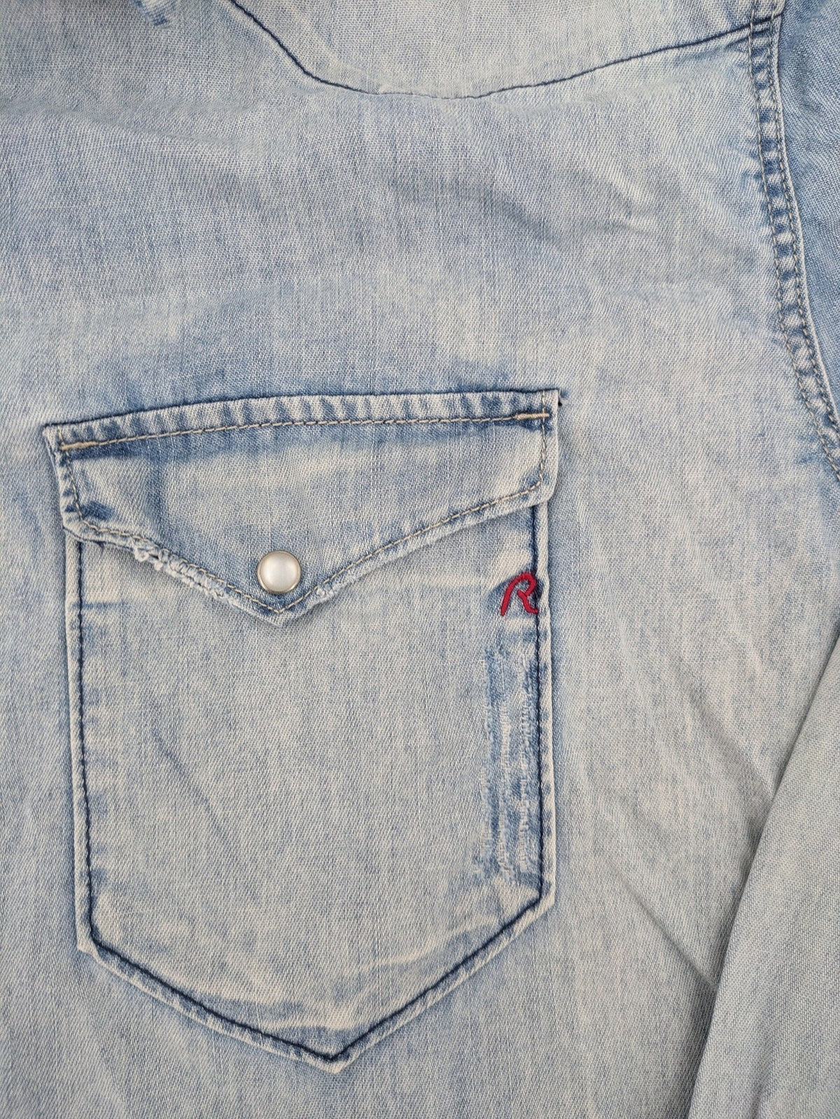 Replay denim western shirt light blue with pearl snap buttons and iconic yoke design.
