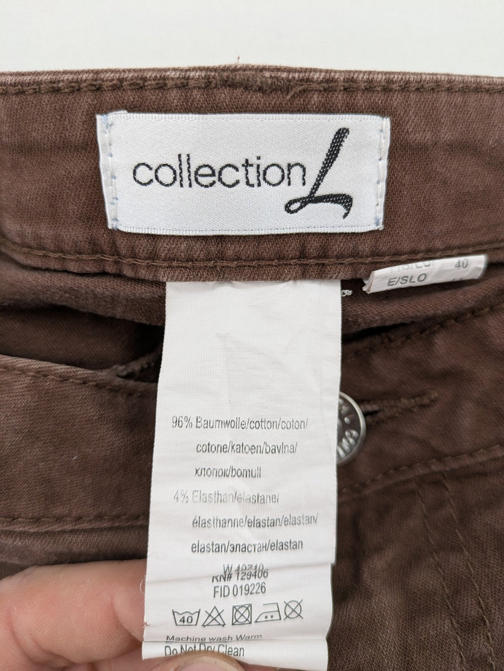 collection L brown pants cotton-stretch slim fit with diagonal zip pockets