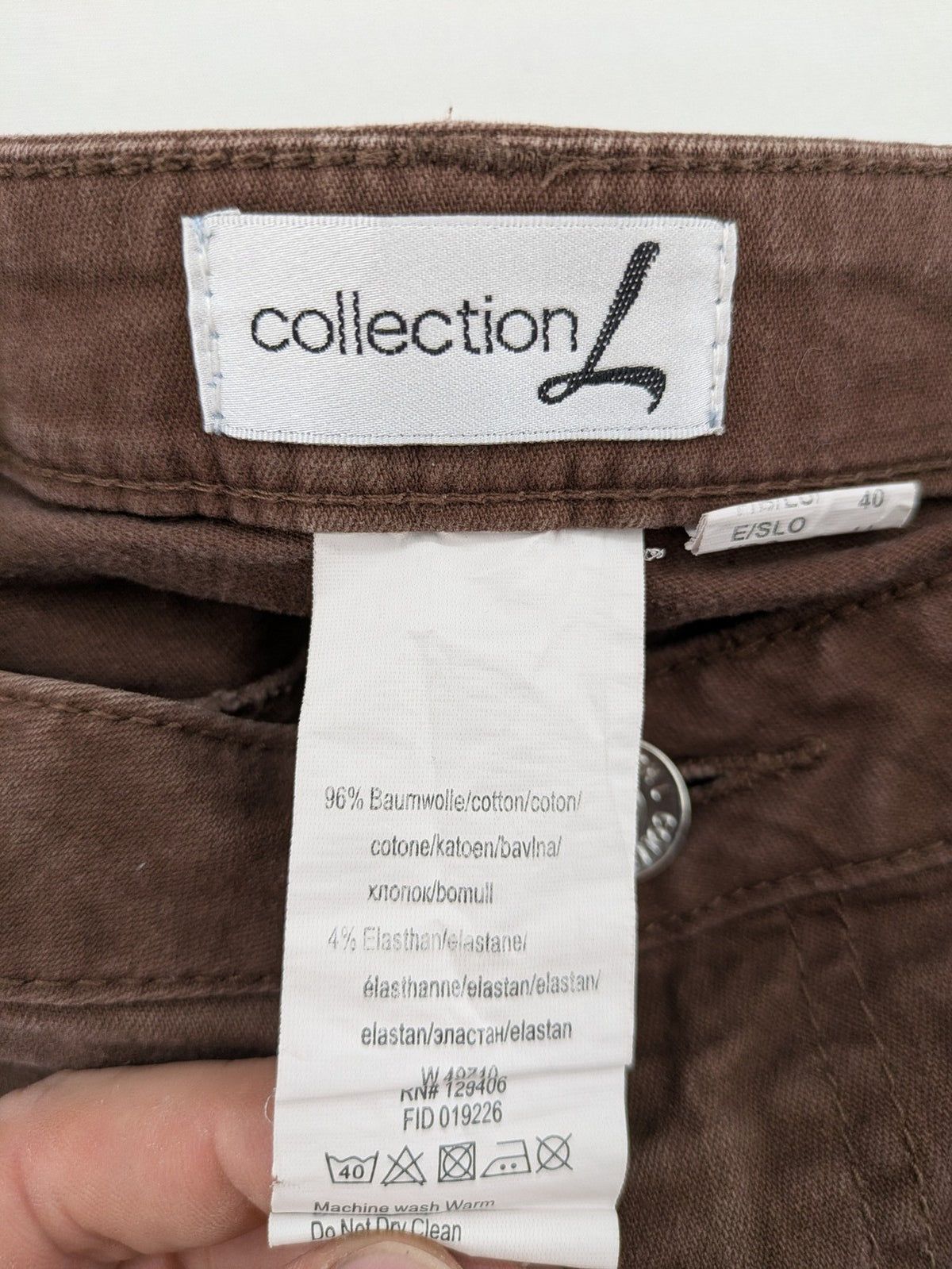 collection L brown pants cotton-stretch slim fit with diagonal zip pockets