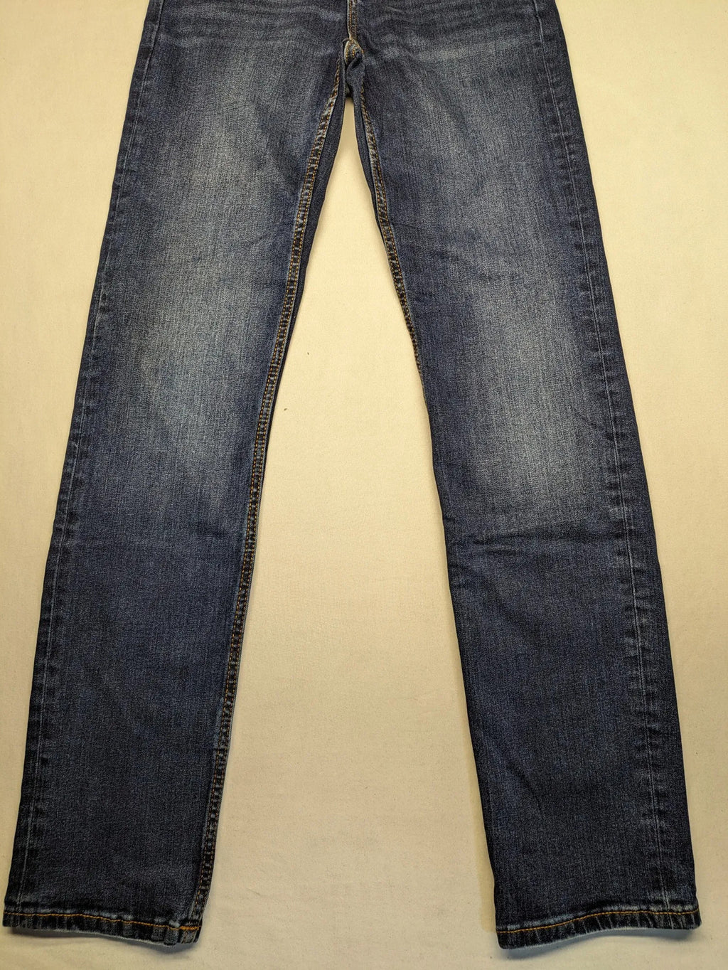 Esprit blue straight leg jeans mid rise 5-pocket design with zipper, dark wash.