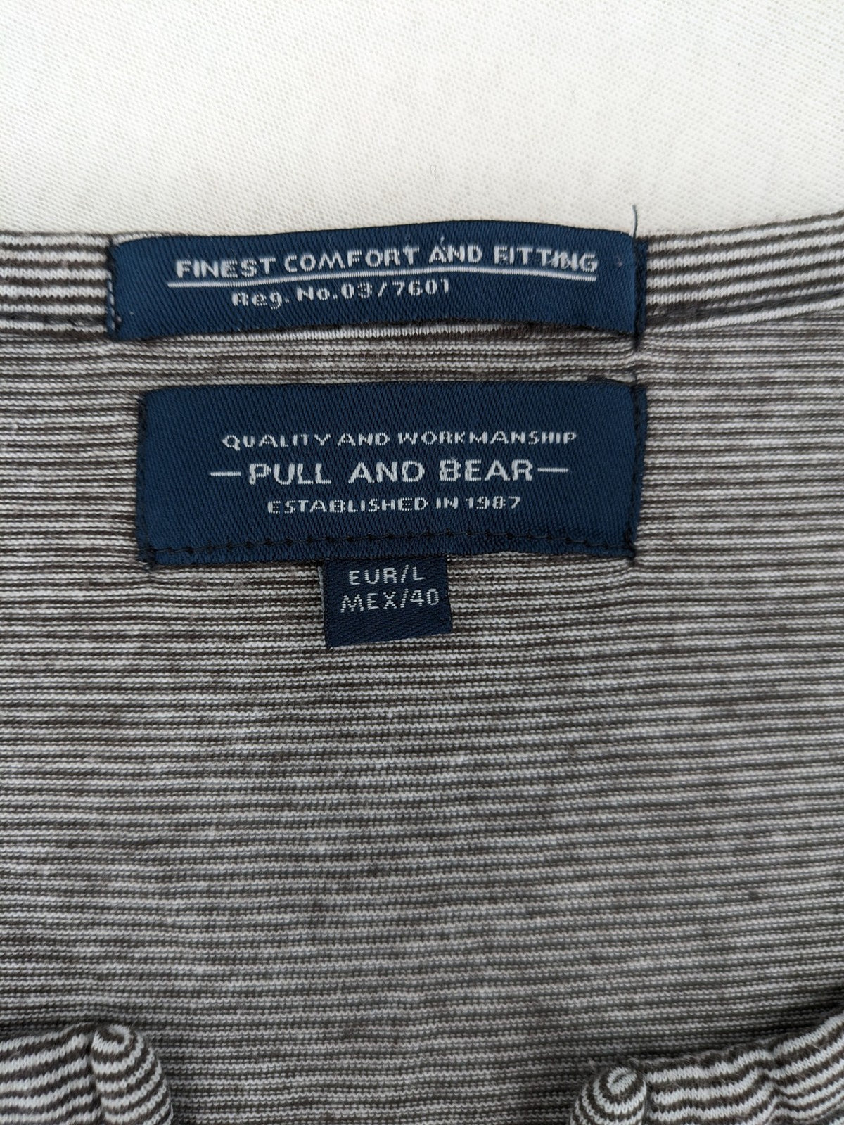 Pull&Bear grey striped Henley shirt with elbow patches and decorative shoulder flaps.