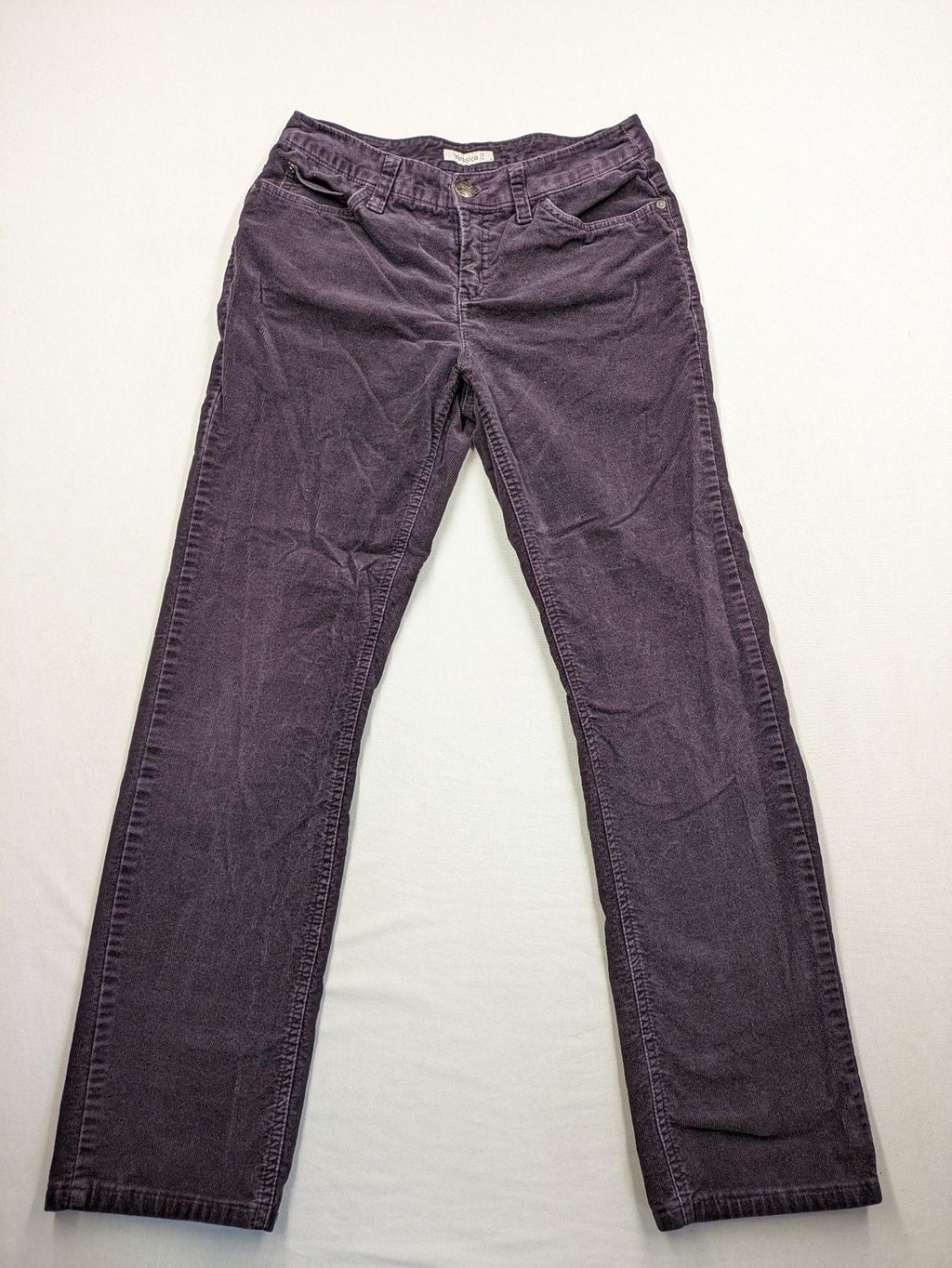 Yessica purple pants classic straight leg five-pocket style soft cotton blend