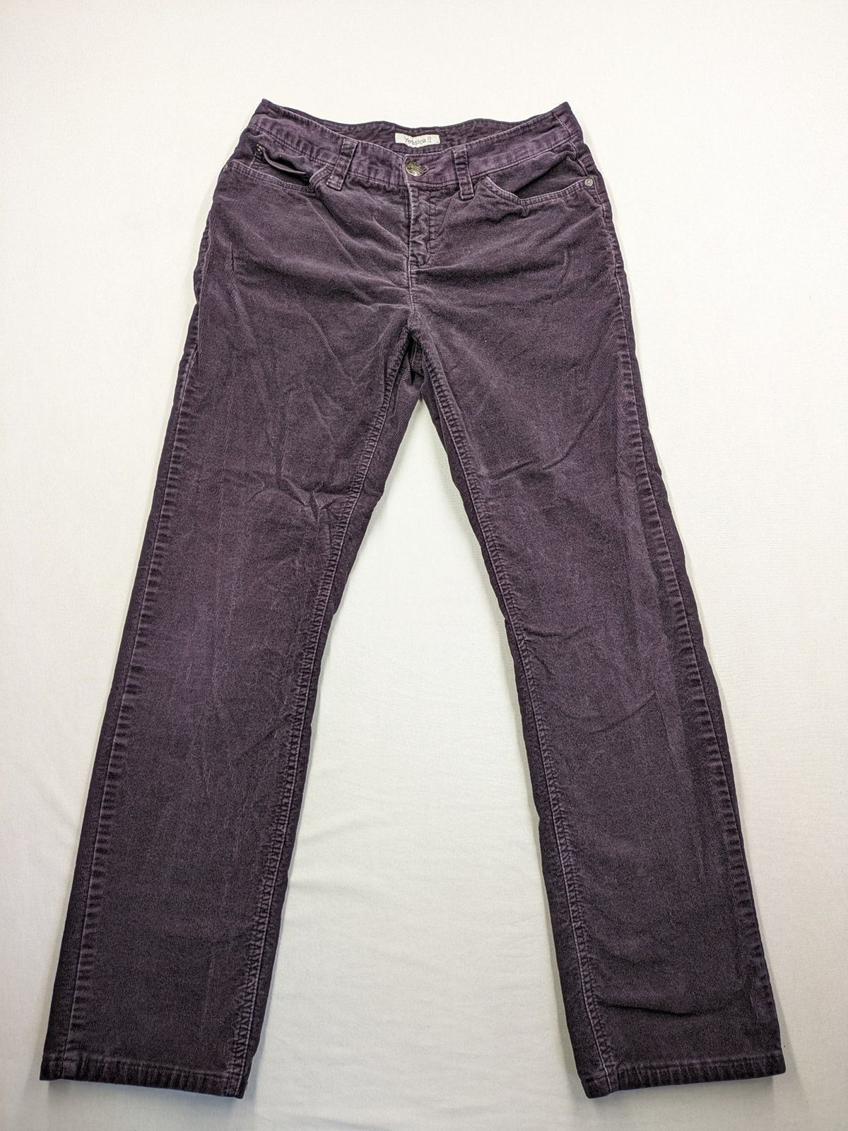 Yessica purple pants classic straight leg five-pocket style soft cotton blend