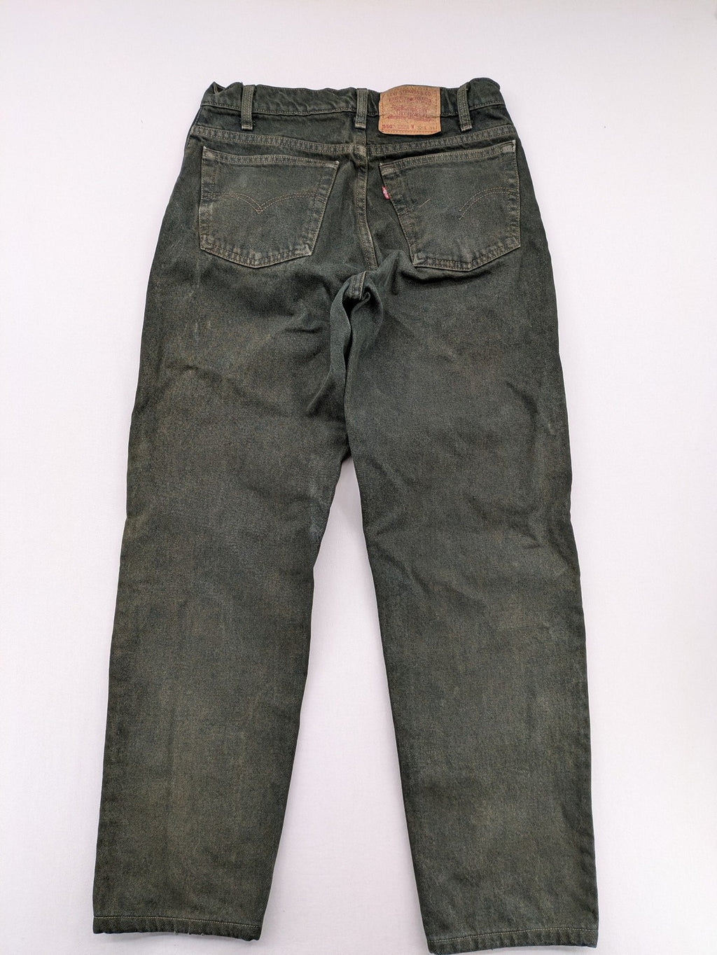 Levi's green 550 relaxed fit tapered jeans, vintage denim, made in USA.