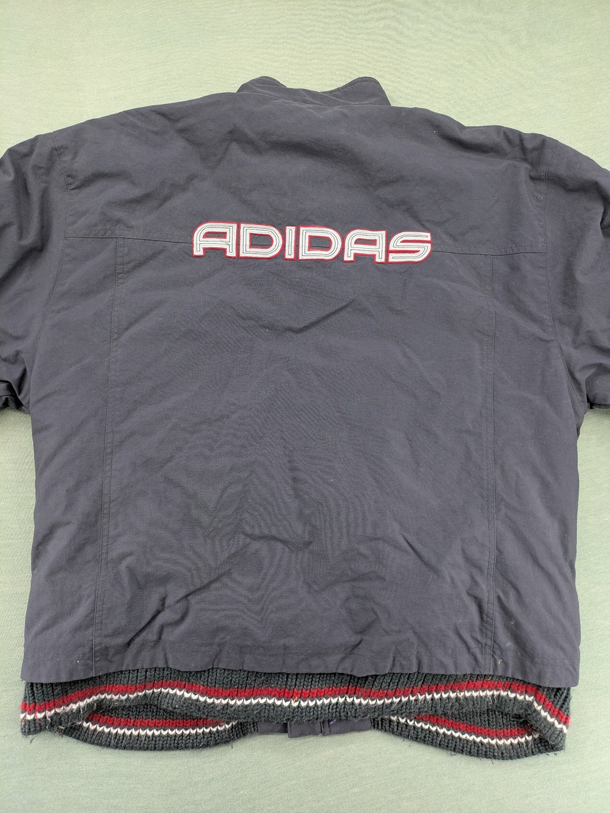 Adidas vintage bomber jacket multi colour fleece lined big logo on back