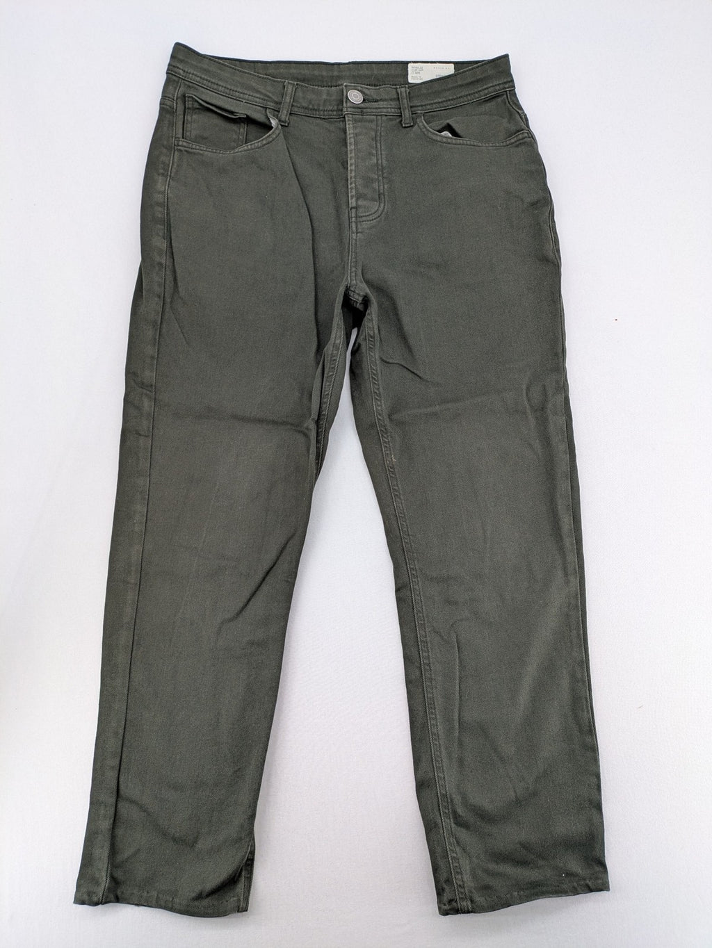 Denim & Co. green straight jeans 5-pocket design, cotton-stretch material.