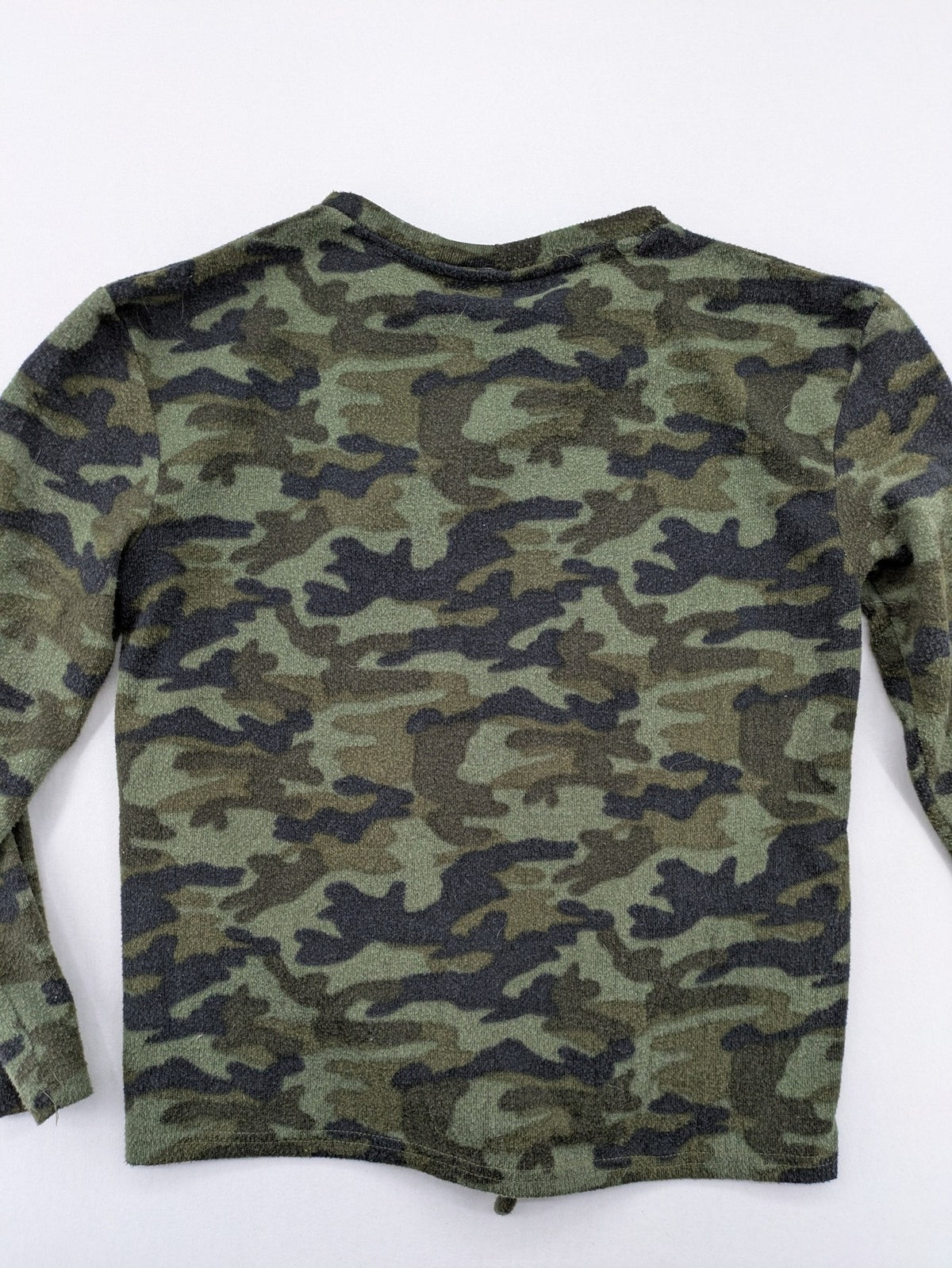 YFK turtle neck jumper multi camouflage print with sequined "COOL MOOD Today" graphic.