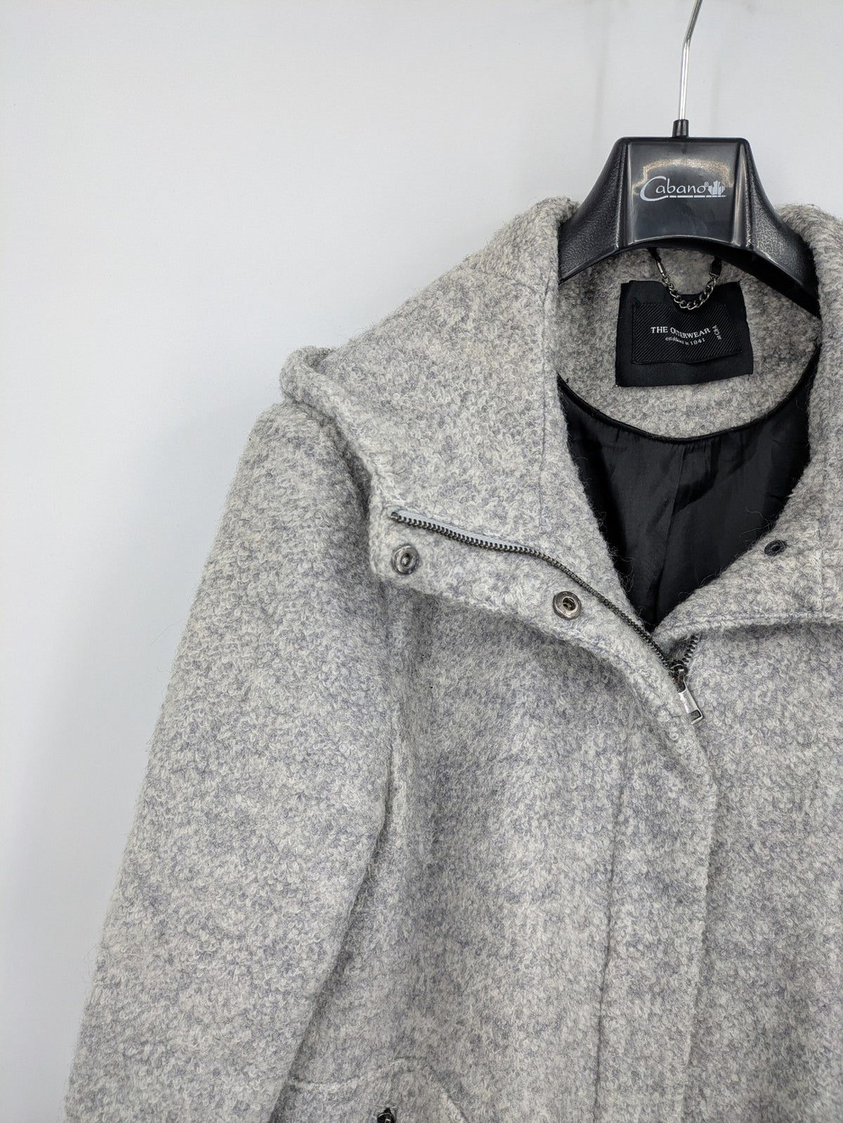 C&A grey jacket wool blend with hood, full zip, modern design, zip pockets.