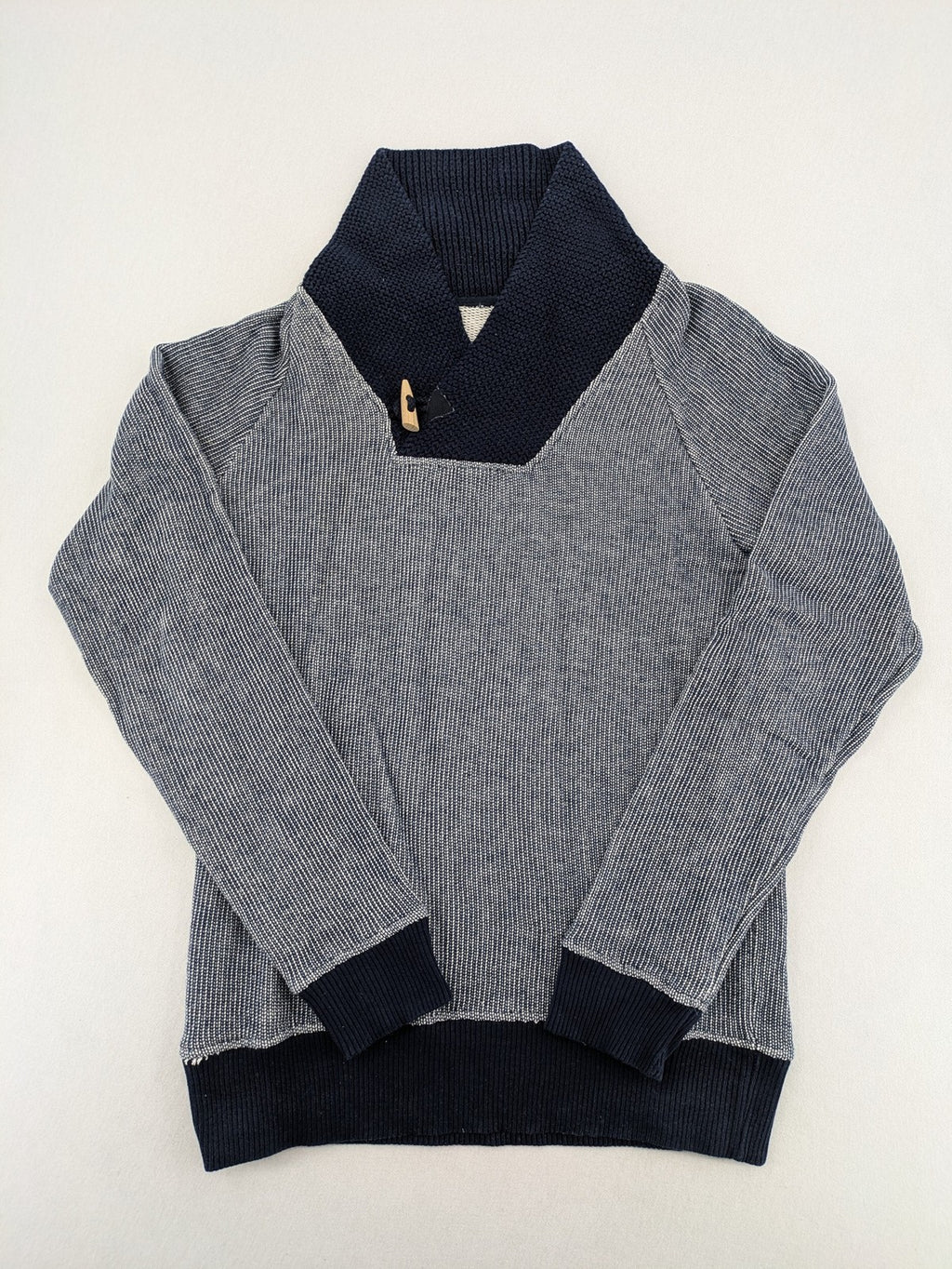 Zara Man multi striped turtle neck jumper with dark blue knit collar and wooden toggle.