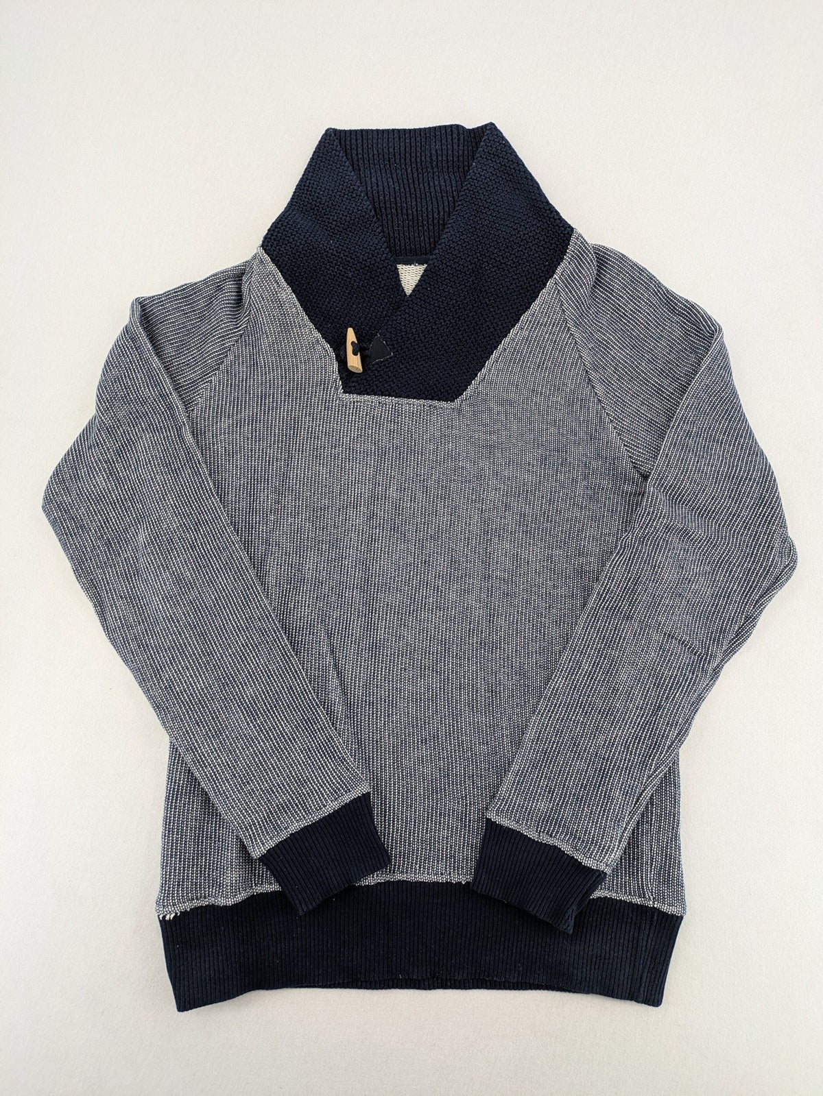 Zara Man multi striped turtle neck jumper with dark blue knit collar and wooden toggle.