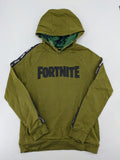 Fortnite green camo hoodie with black logo, contrasting hood, and logo taping on sleeves.