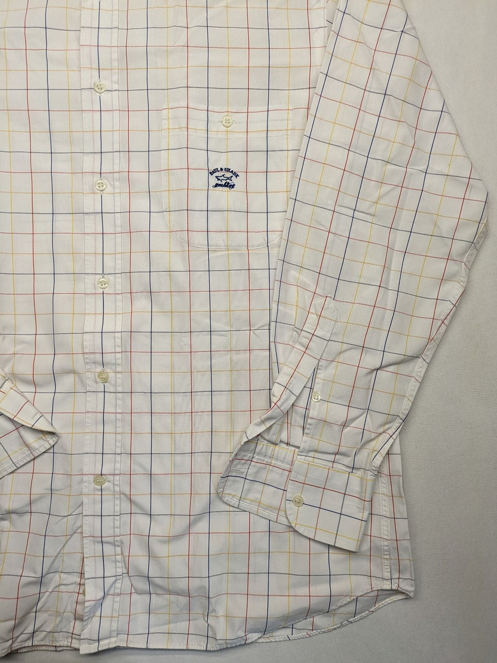 Paul & Shark multi-check long sleeve button-down shirt with embroidered logo on chest.