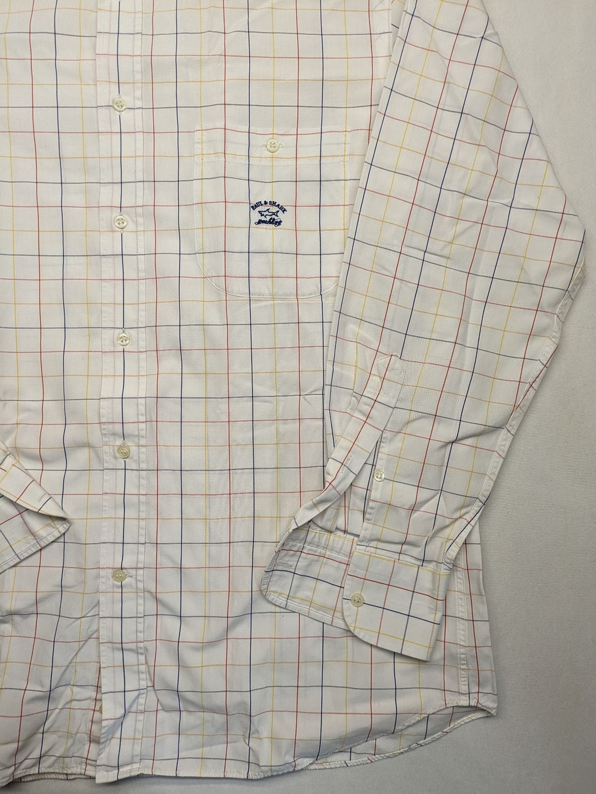Paul & Shark multi-check long sleeve button-down shirt with embroidered logo on chest.