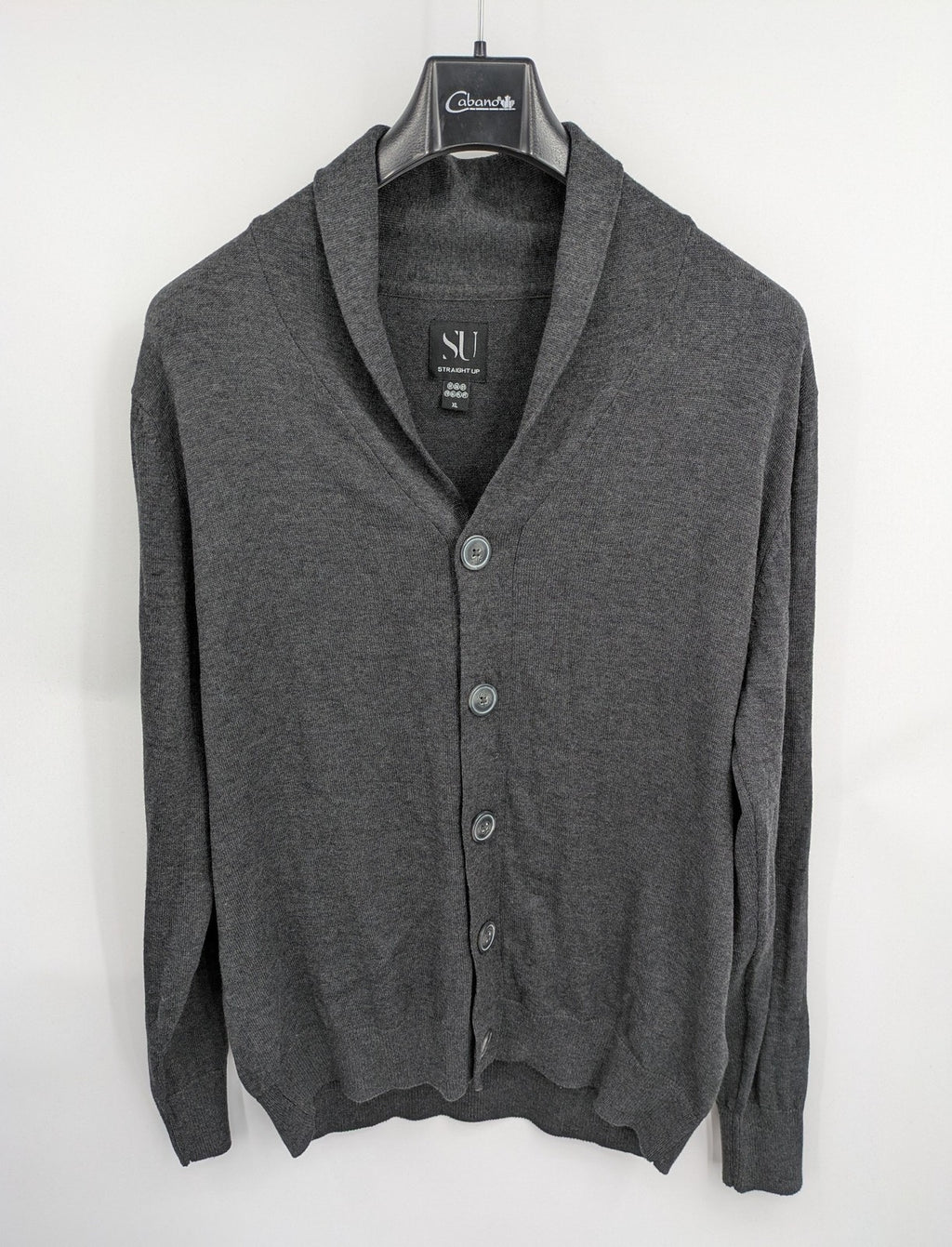 Straight Up grey cardigan with shawl collar, button front, soft cotton-acrylic blend.