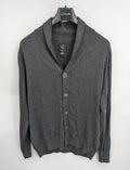 Straight Up grey cardigan with shawl collar, button front, soft cotton-acrylic blend.